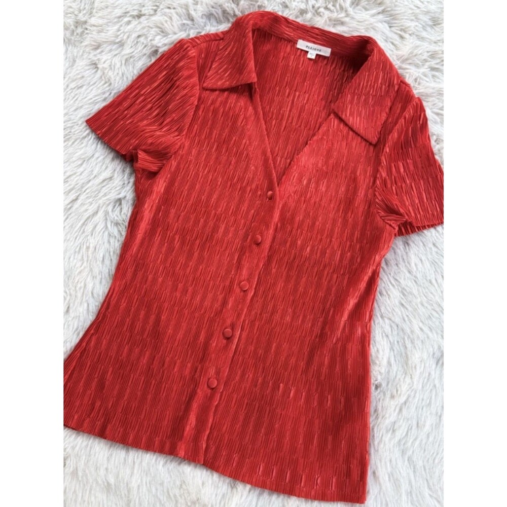 Pleione Textured Button-Up Blouse Red Collared Stretch Top Office Siren Size M